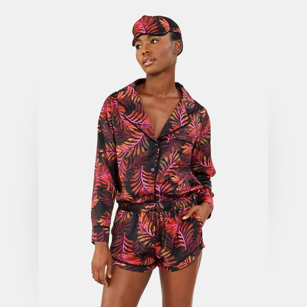 Revolve Faux Silk Neon Palm Print Pajama Set + Eye Mask